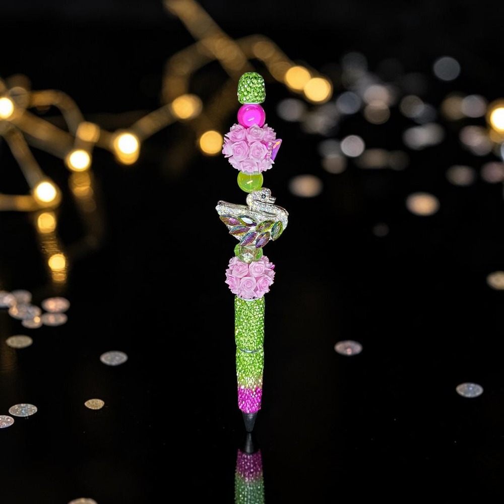 Handmade Artisan Swan Rhinestone Beaded Pen Pink Green Crystal Decorative Gift